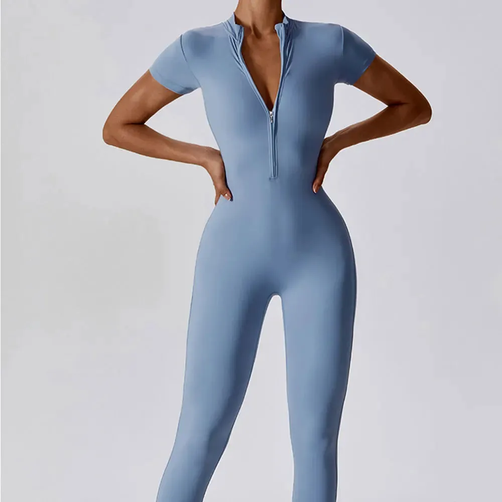 1 - WC - Yoga Jumpsuit: One-piece, short sleeve, zip bodysuit with push-up support for workouts