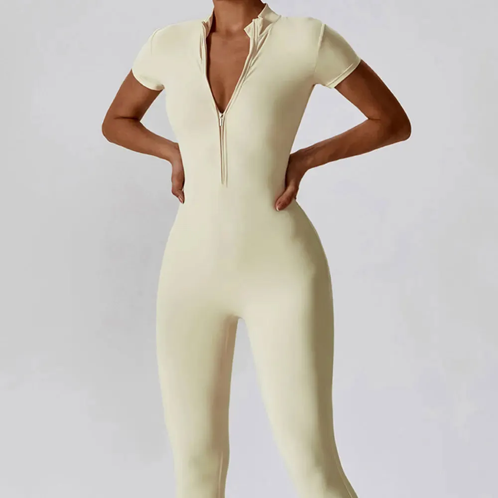 1 - WC - Yoga Jumpsuit: One-piece, short sleeve, zip bodysuit with push-up support for workouts