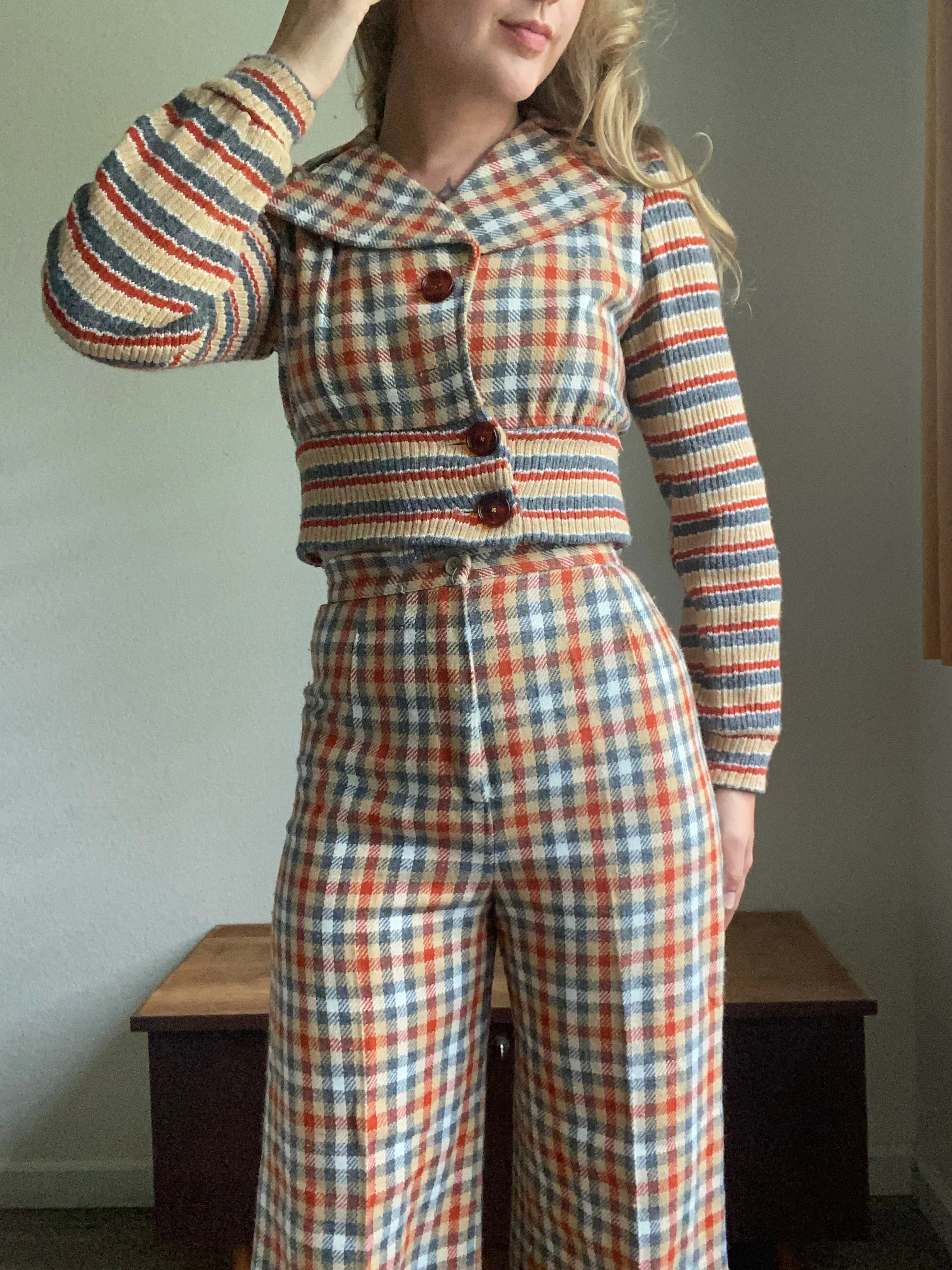 1970s Robbie Rivers plaid pants and jacket set xs/s