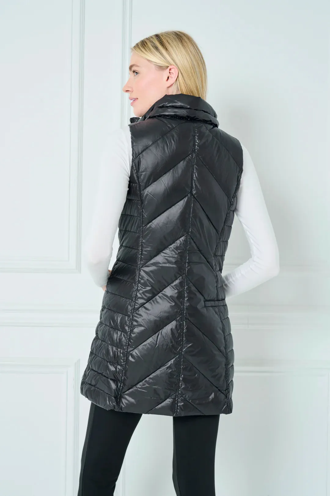 Anorak Chevron Quilted Long Vest Black