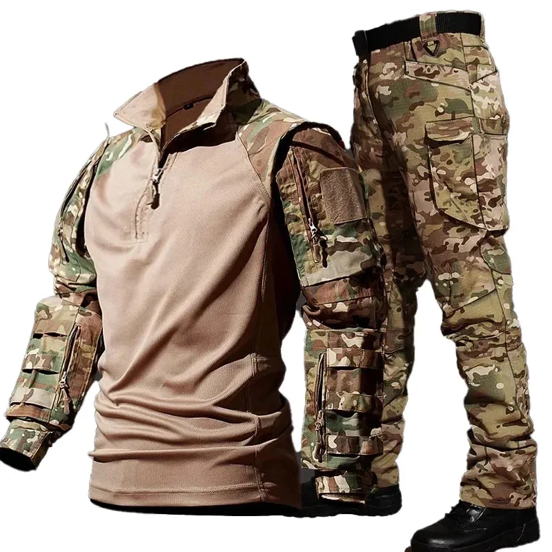 Autumn Training Suit Men Outdoor Durable Breathable T-shirt Cargo Pants Set Waterproof Suits Multiple Pockets Camo 2 Pcs Set