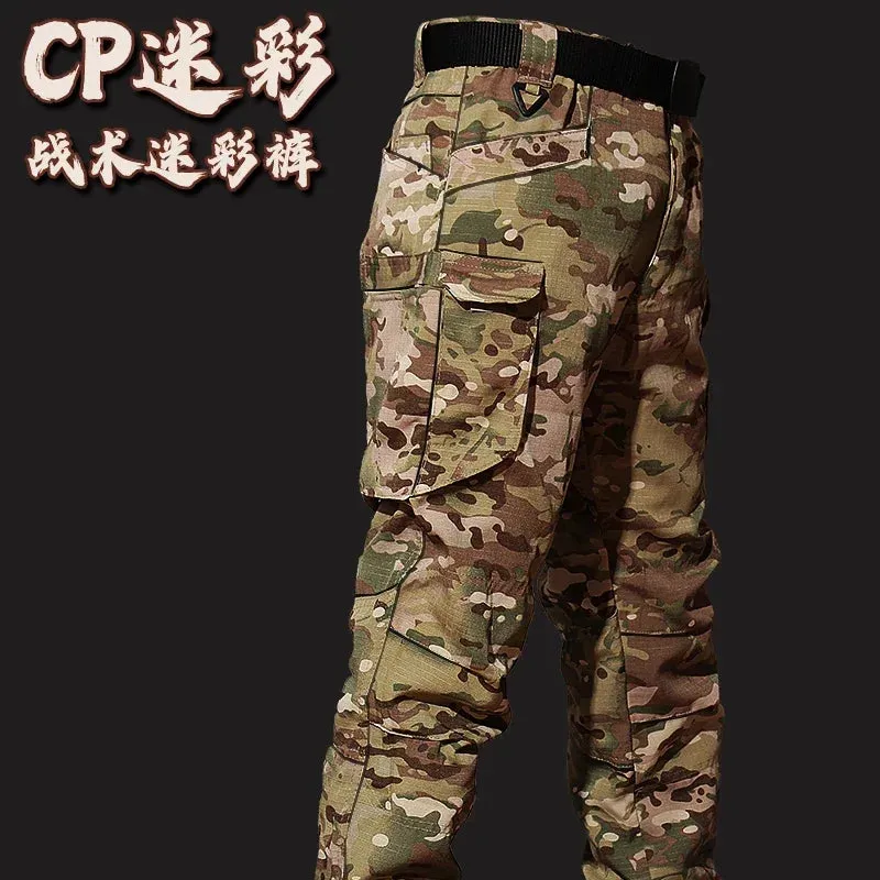 Autumn Training Suit Men Outdoor Durable Breathable T-shirt Cargo Pants Set Waterproof Suits Multiple Pockets Camo 2 Pcs Set