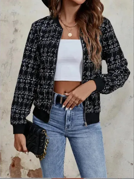 Autumn Winter Casual Long Sleeve plaid Houndstooth  zipper outwear jacket women