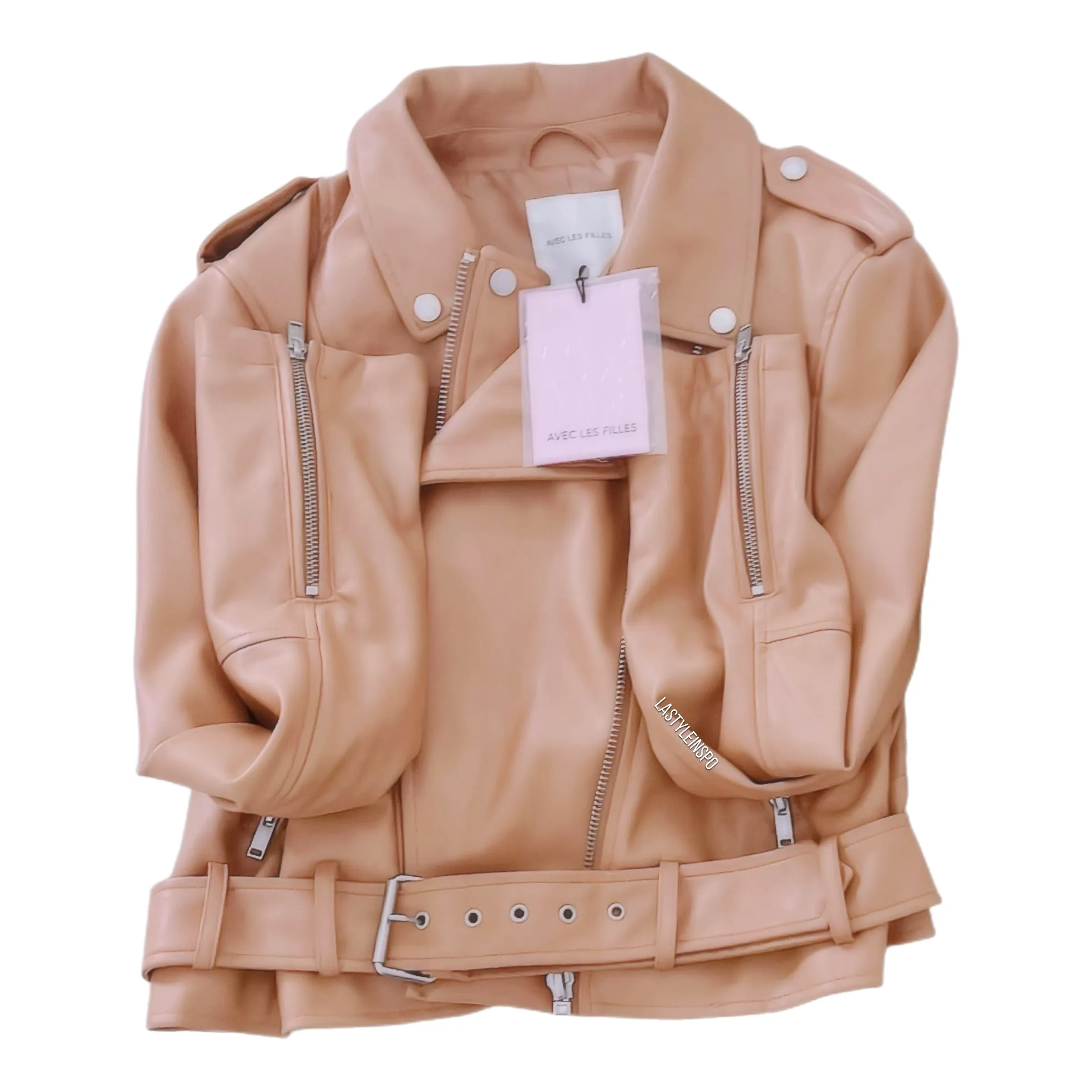 Avec Les Filles Moto Jacket Camel Tan Beige Faux Leather Size L