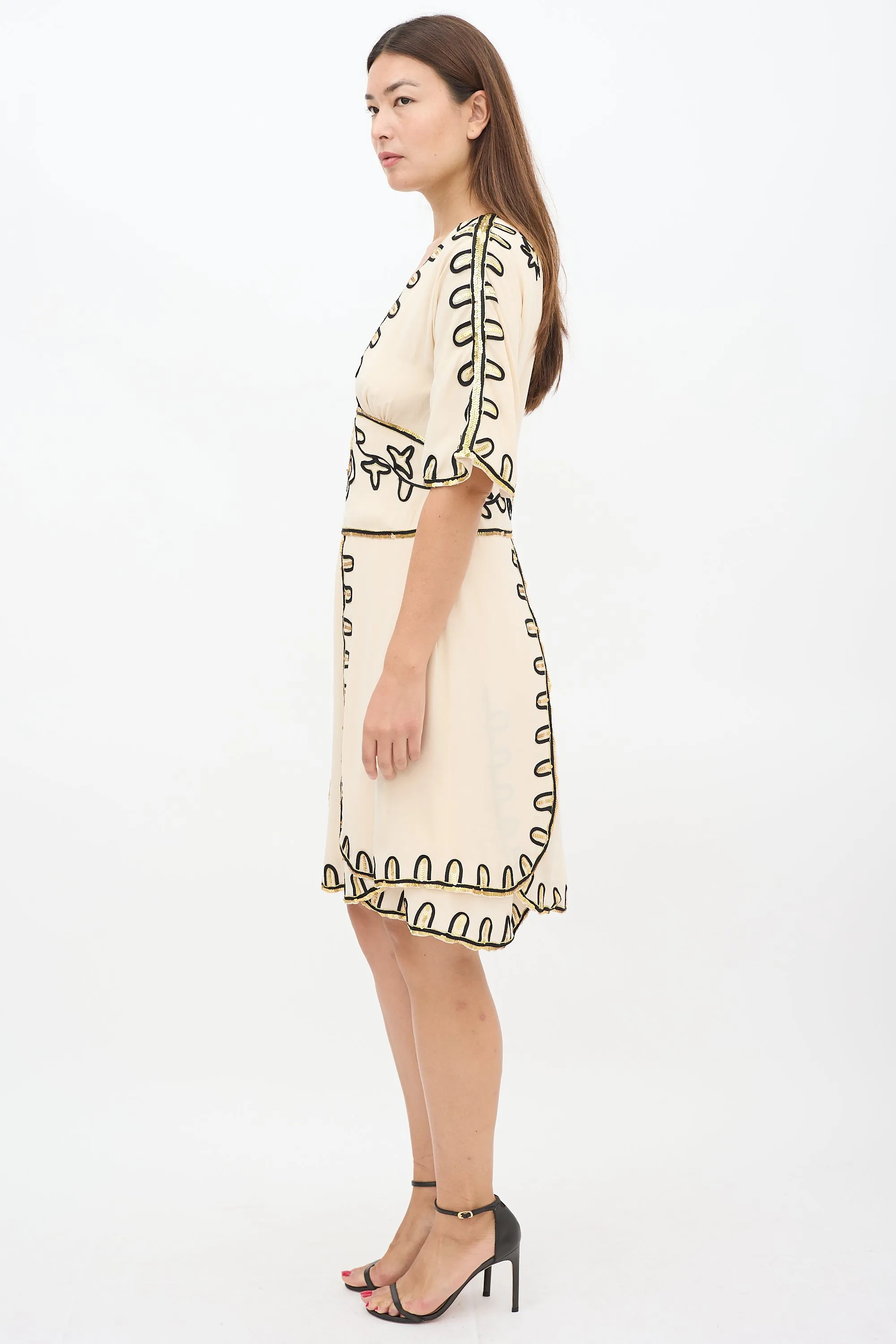 Beige Silk Embellished Midi Dress