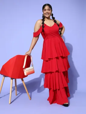 Berrylush Women Plus Size Solid Red V-Neck Cold-Shoulder Sleeves Flounce Hem Layered A-Line Maxi Dress