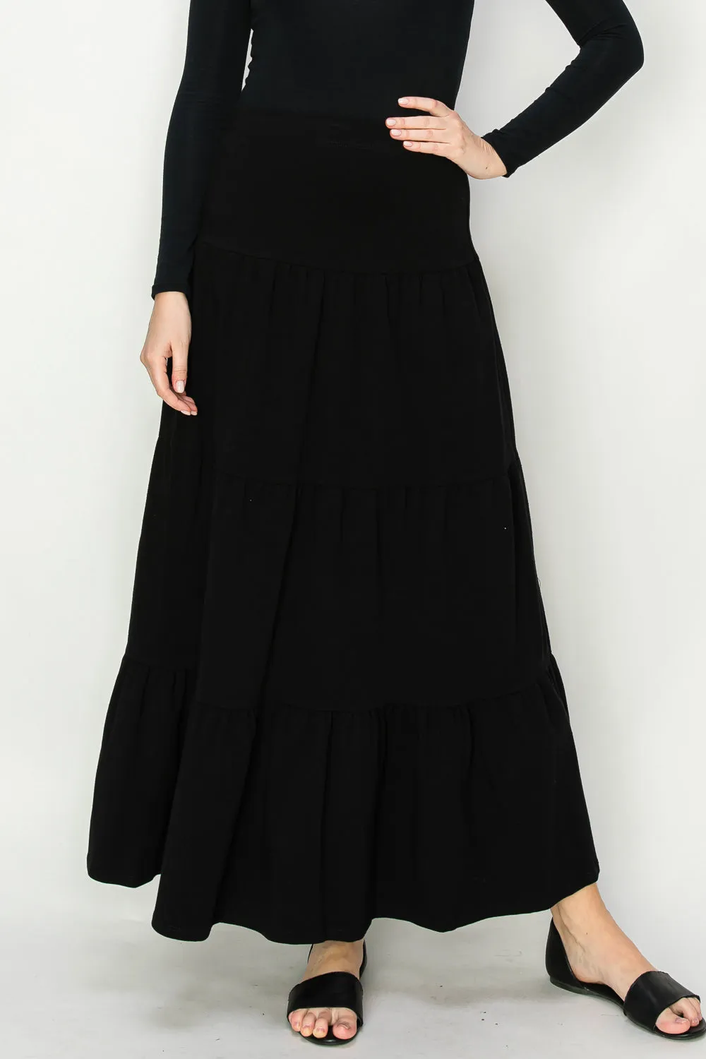 Beth Three Tier Cotton Spandex Midi And Maxi Skirt