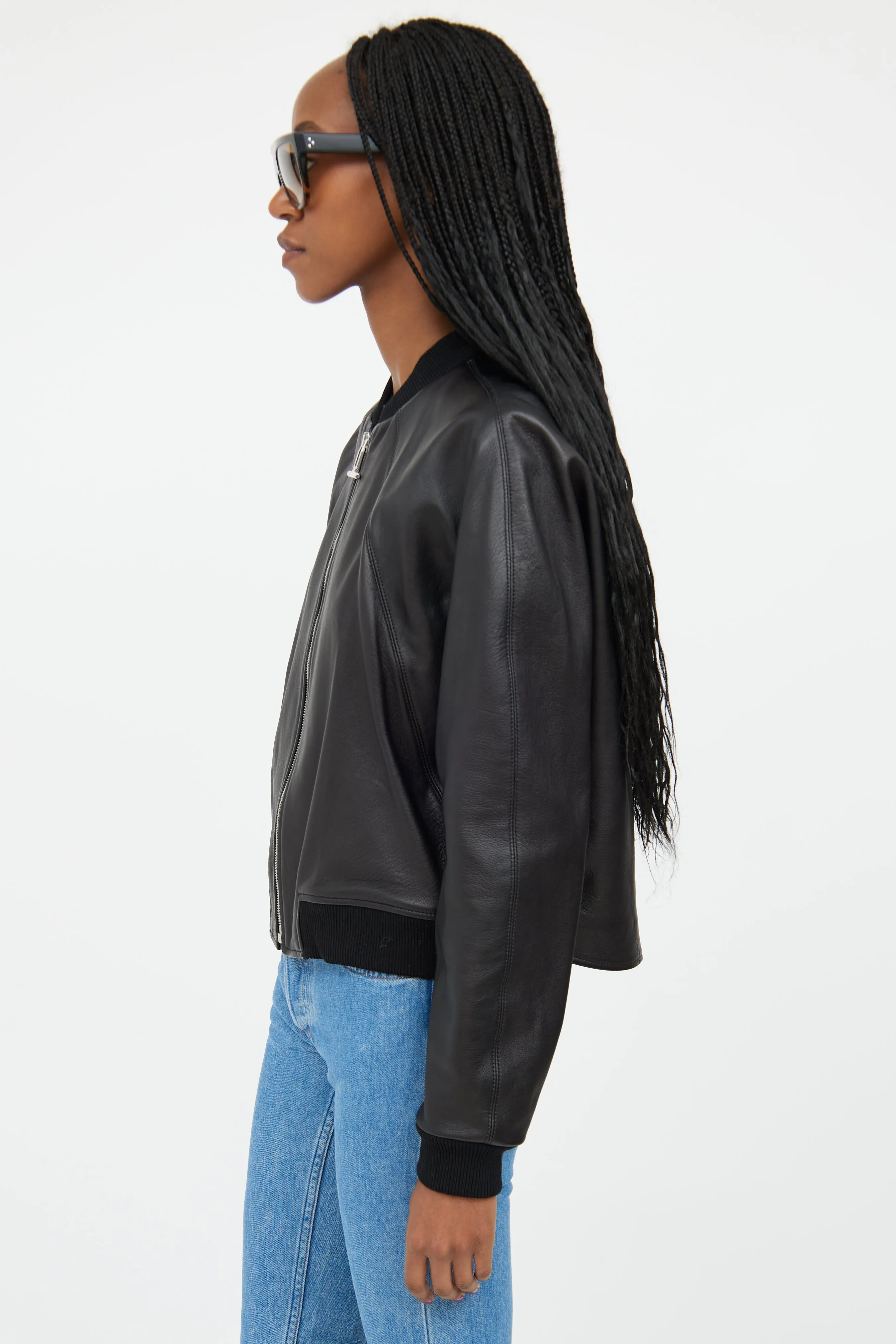 Black Leather Cropped Bomber Jacket