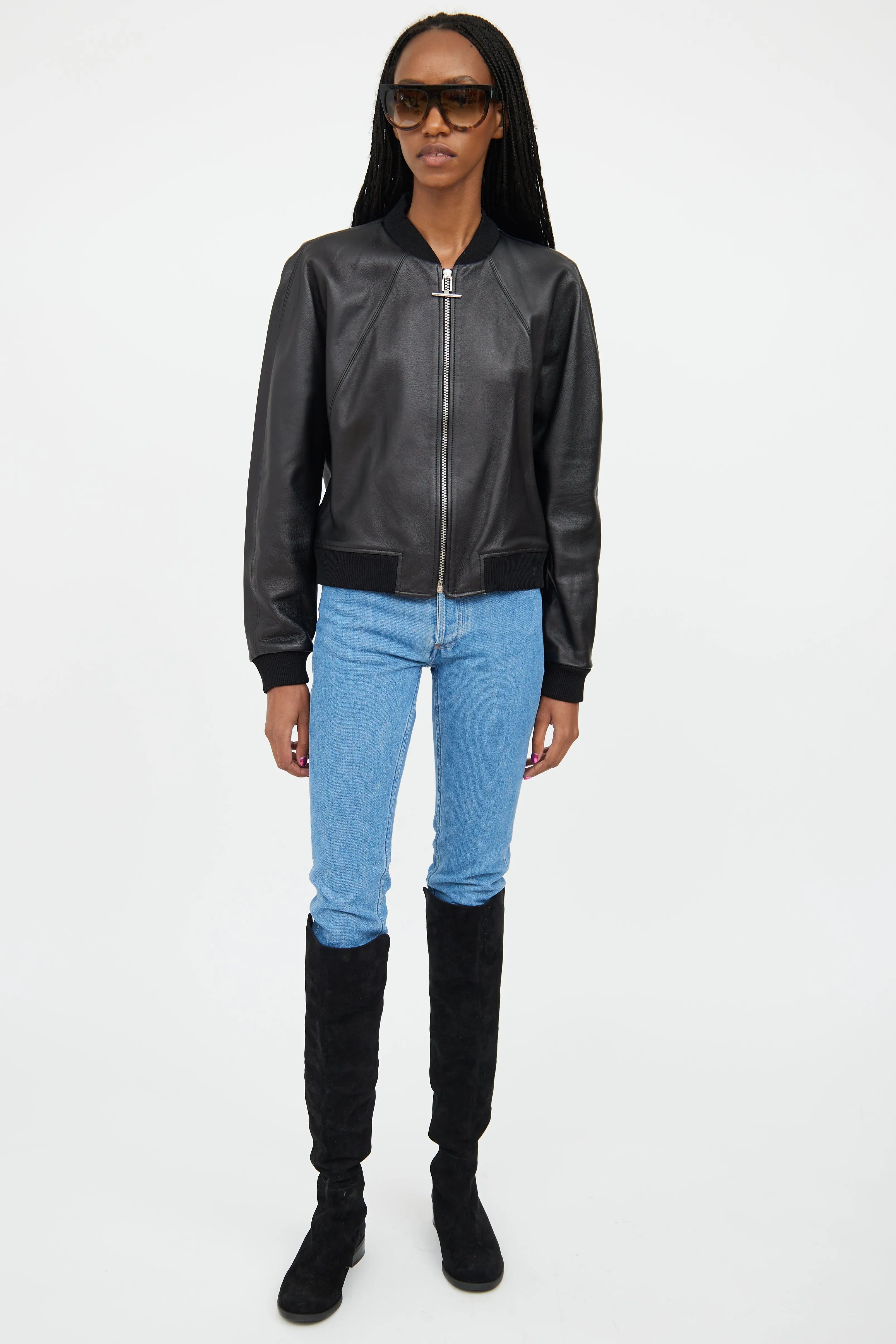 Black Leather Cropped Bomber Jacket