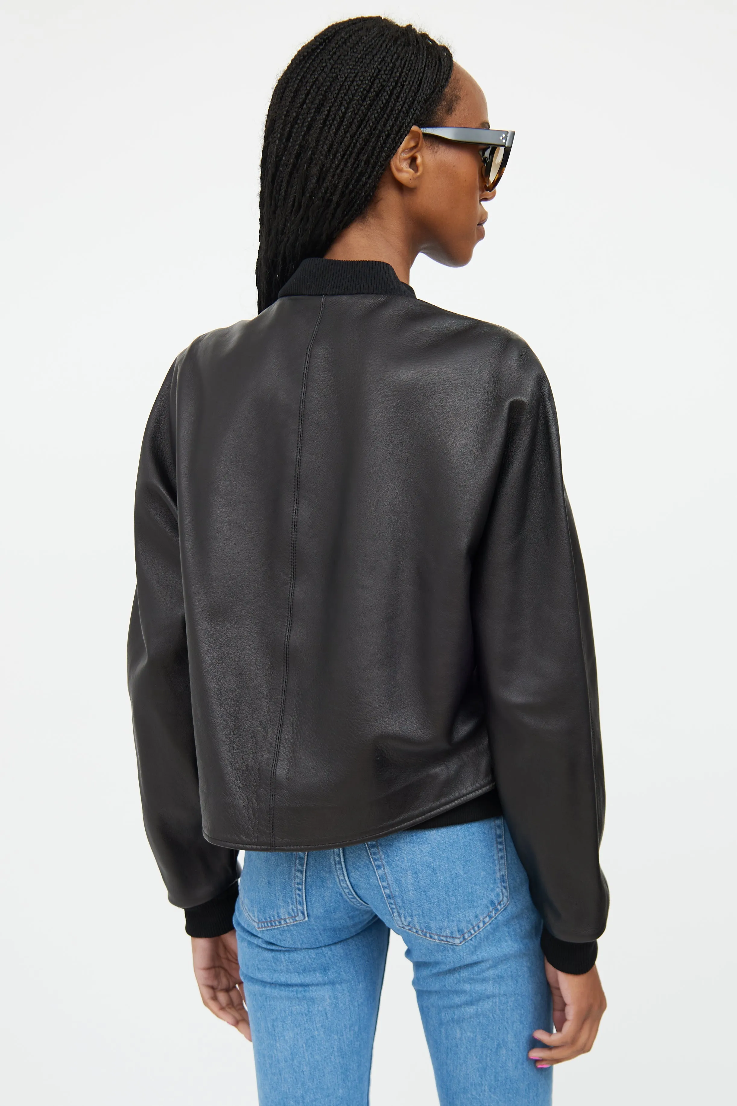 Black Leather Cropped Bomber Jacket