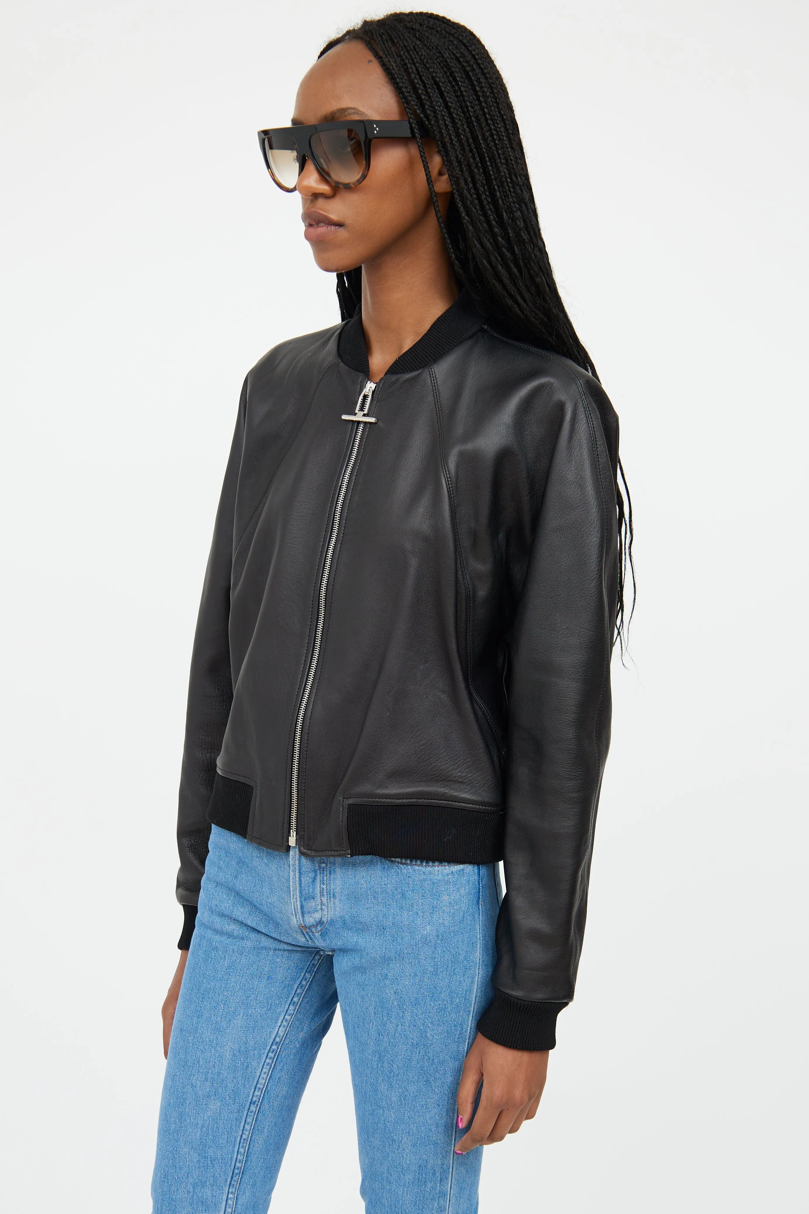 Black Leather Cropped Bomber Jacket