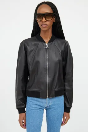 Black Leather Cropped Bomber Jacket