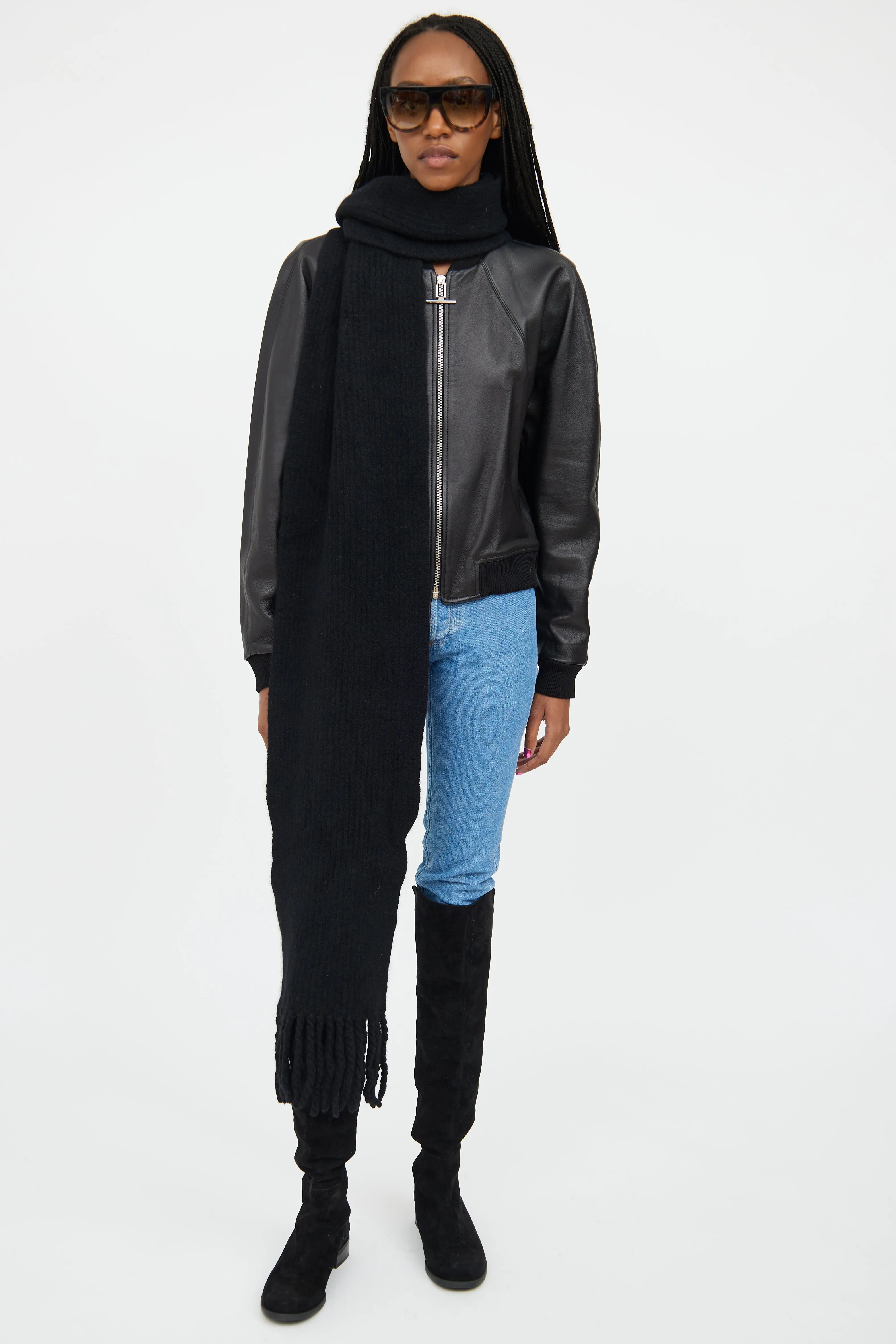 Black Leather Cropped Bomber Jacket