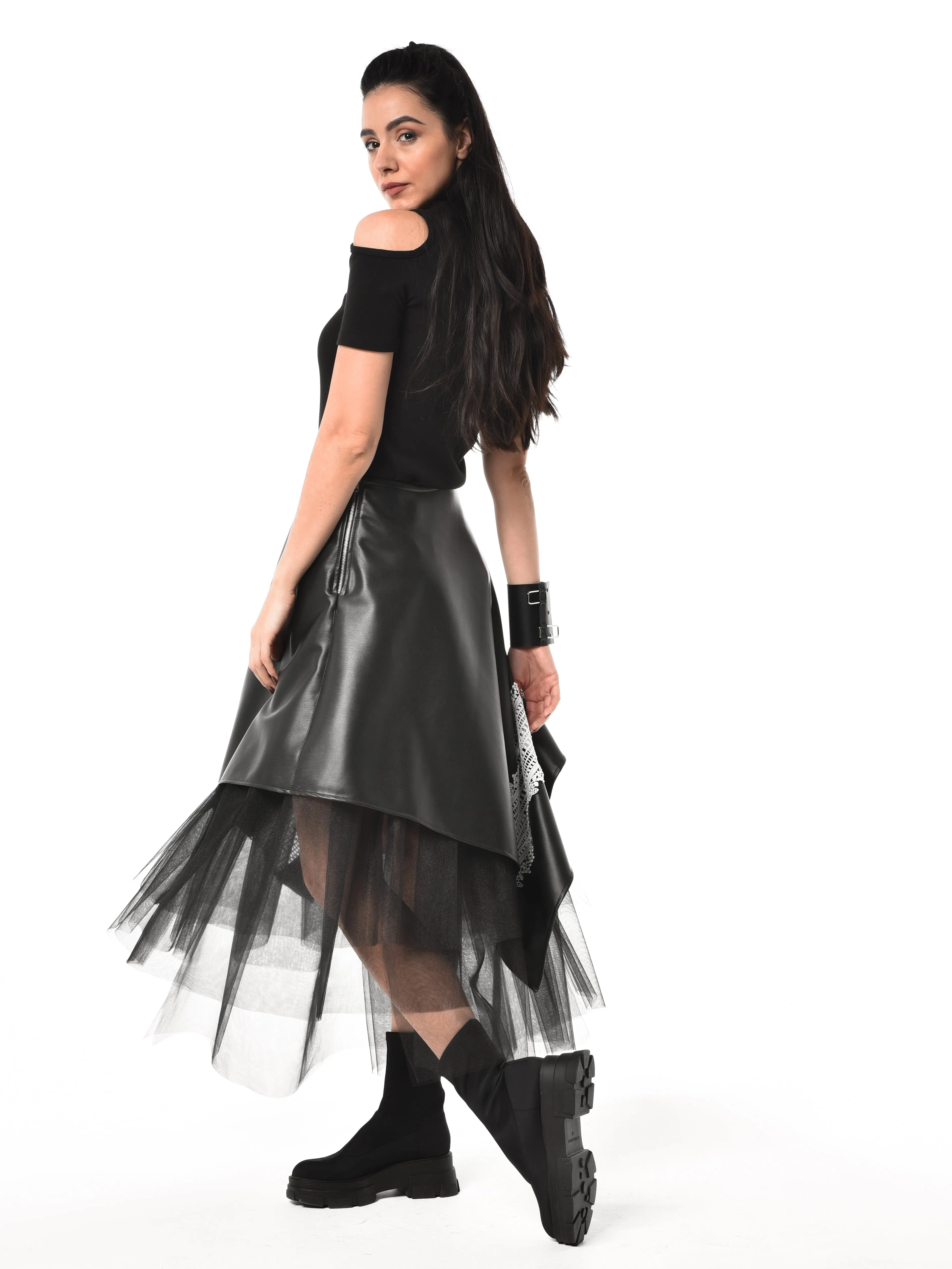 Black Vegan Leather Skirt with Black Tulle