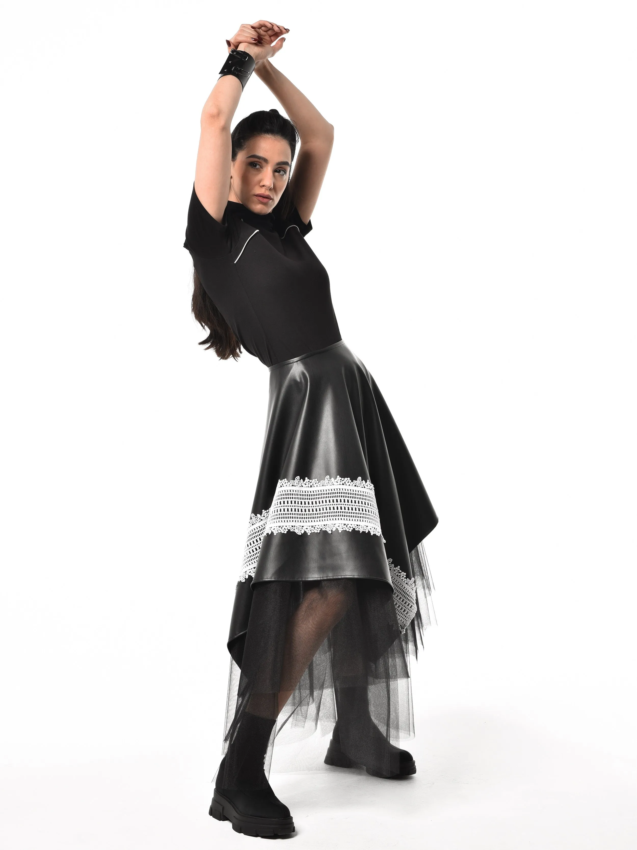 Black Vegan Leather Skirt with Black Tulle