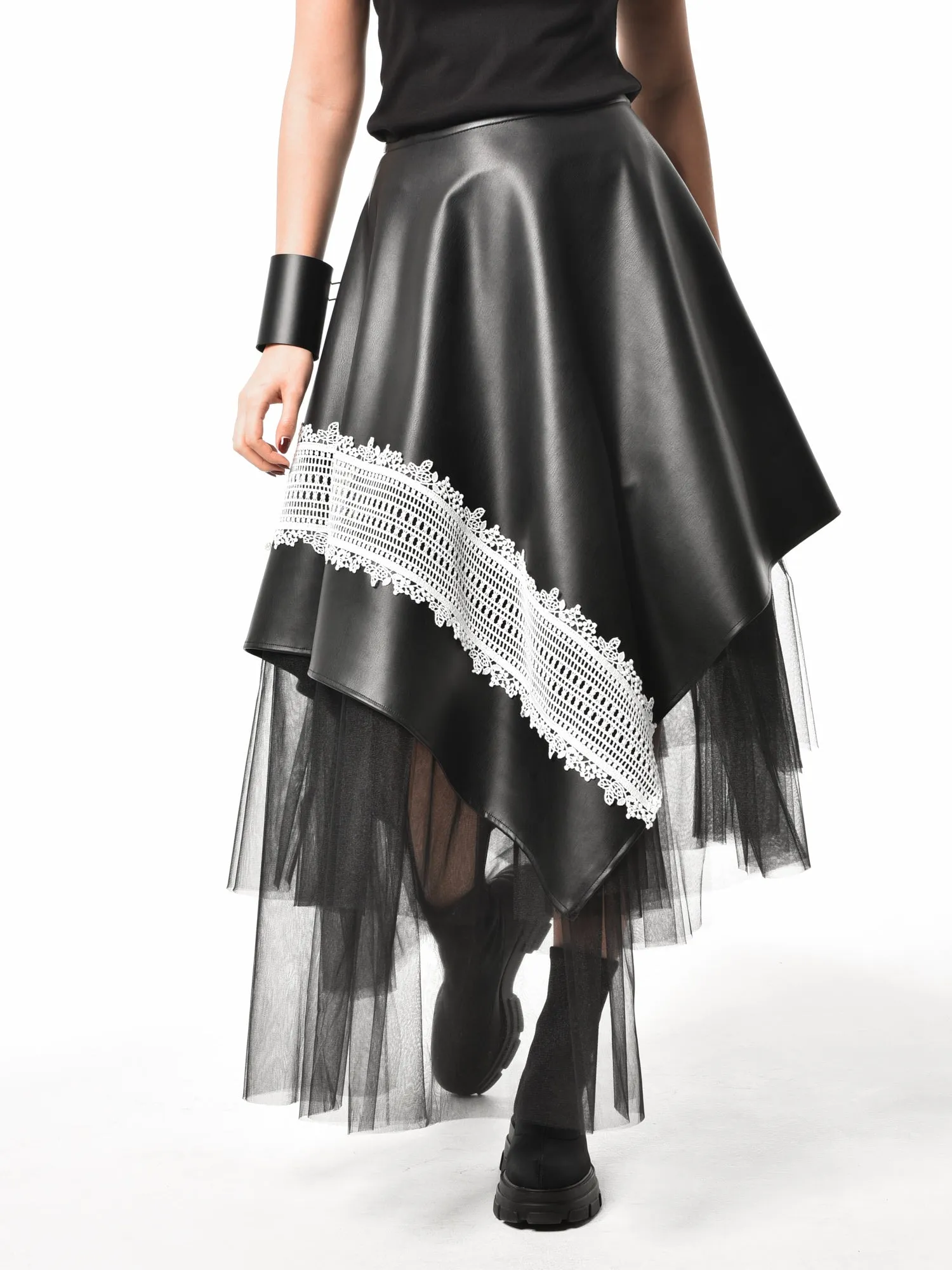 Black Vegan Leather Skirt with Black Tulle