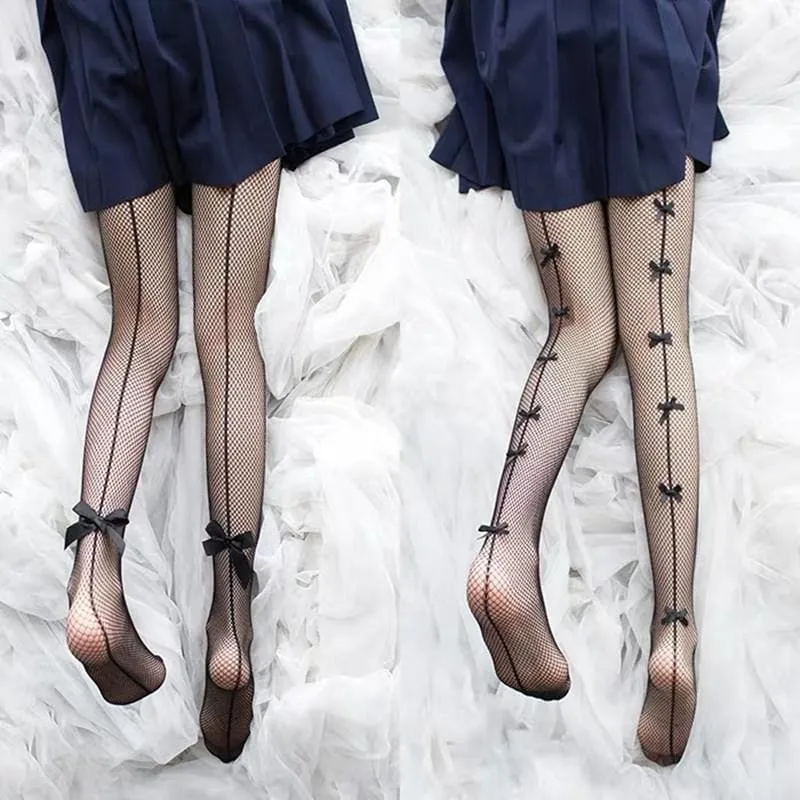 Bowknot contrast line fishnet tights