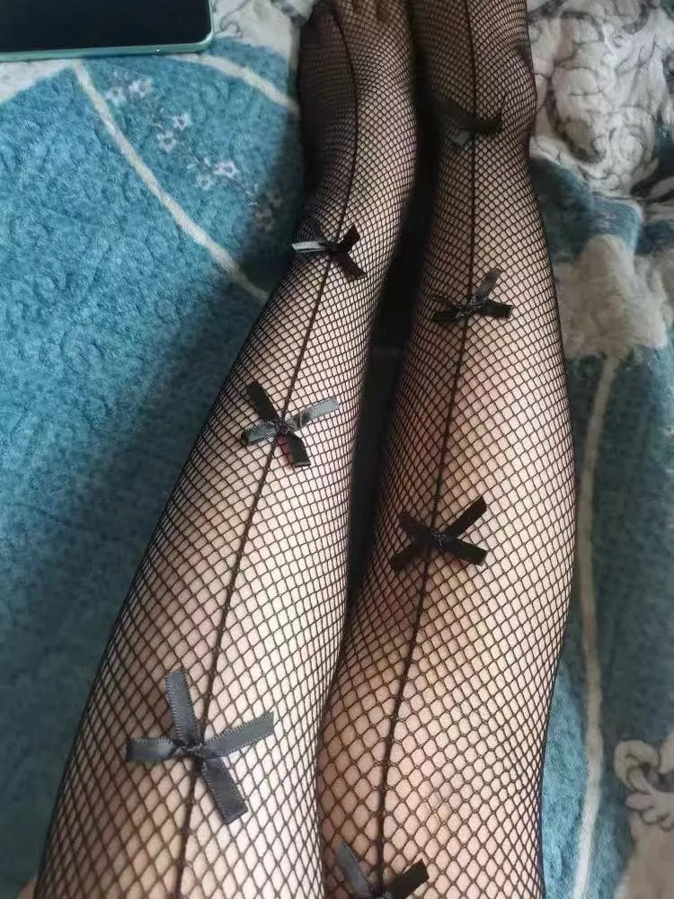 Bowknot contrast line fishnet tights