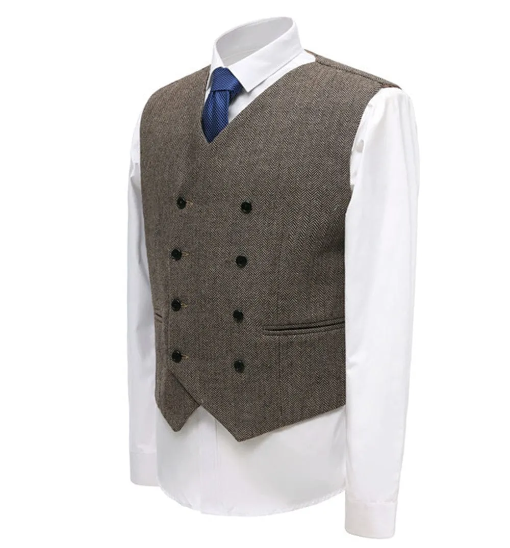 Brown Leisure Men's Suit Vest Herringbone V Neck Waistcoat