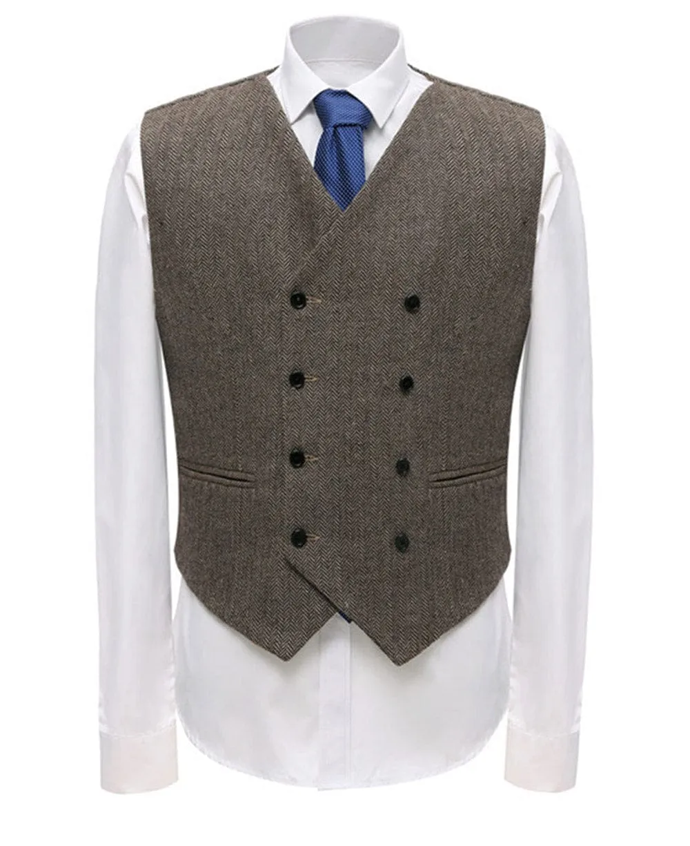 Brown Leisure Men's Suit Vest Herringbone V Neck Waistcoat