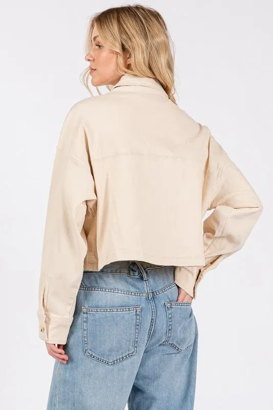 Button Down Cropped Denim Jacket in Tan