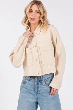 Button Down Cropped Denim Jacket in Tan