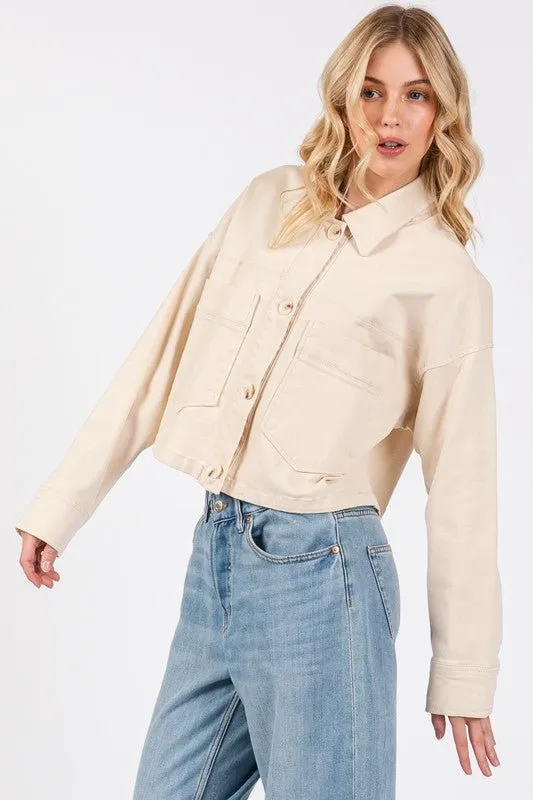 Button Down Cropped Denim Jacket in Tan