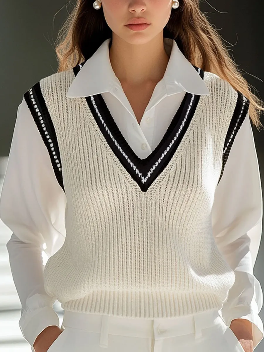 Casual Loose Fashion Fake Two-piece Knitted Vest Long Sleeve Blouse