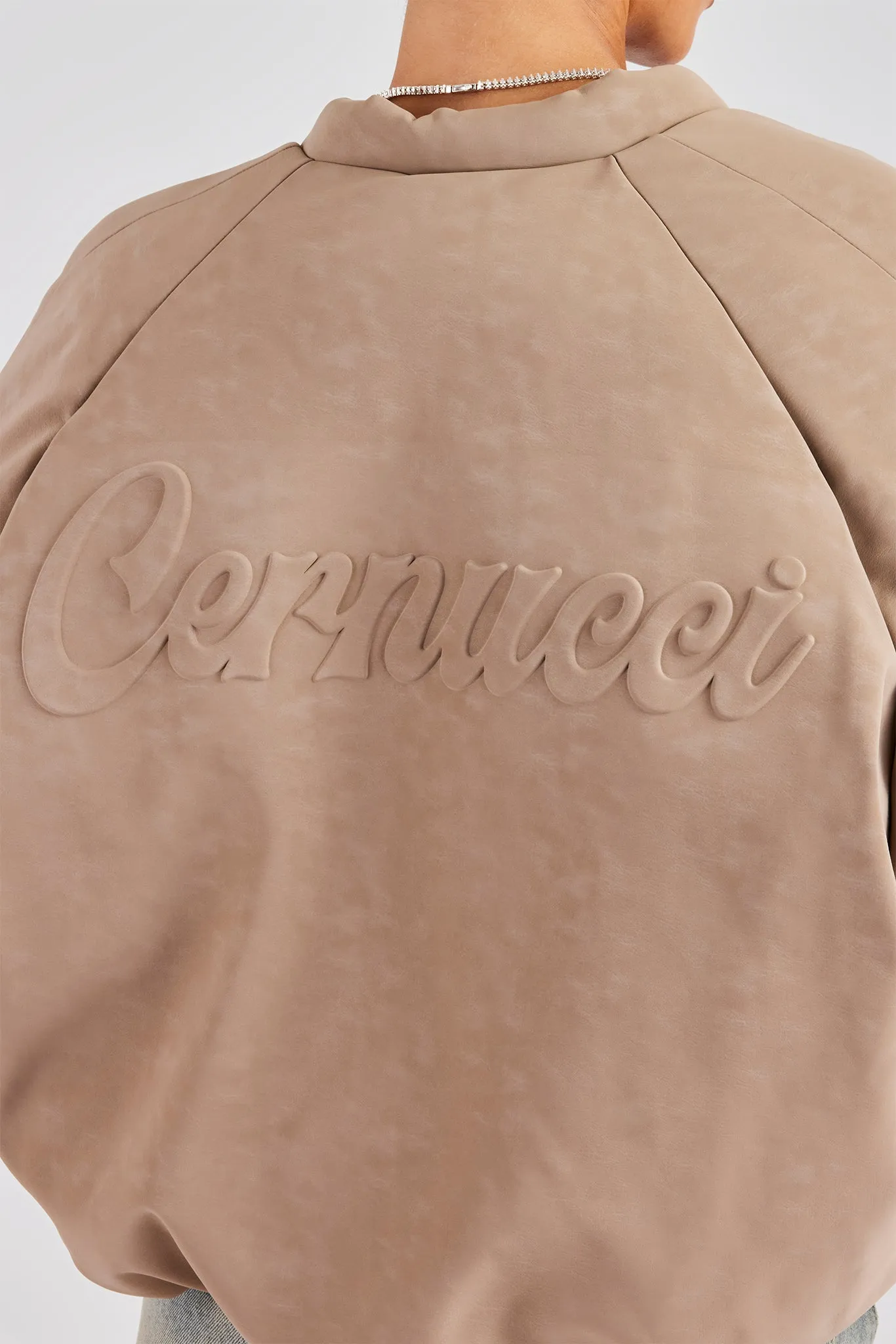 Cernucci Cropped PU Puffer Bomber Jacket - Taupe