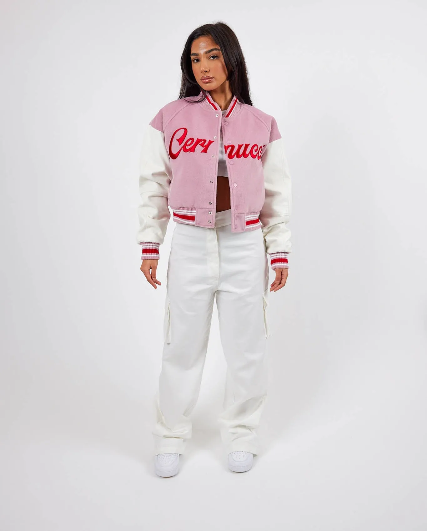 Cernucci Womens Varsity Bomber Jacket - Baby Pink