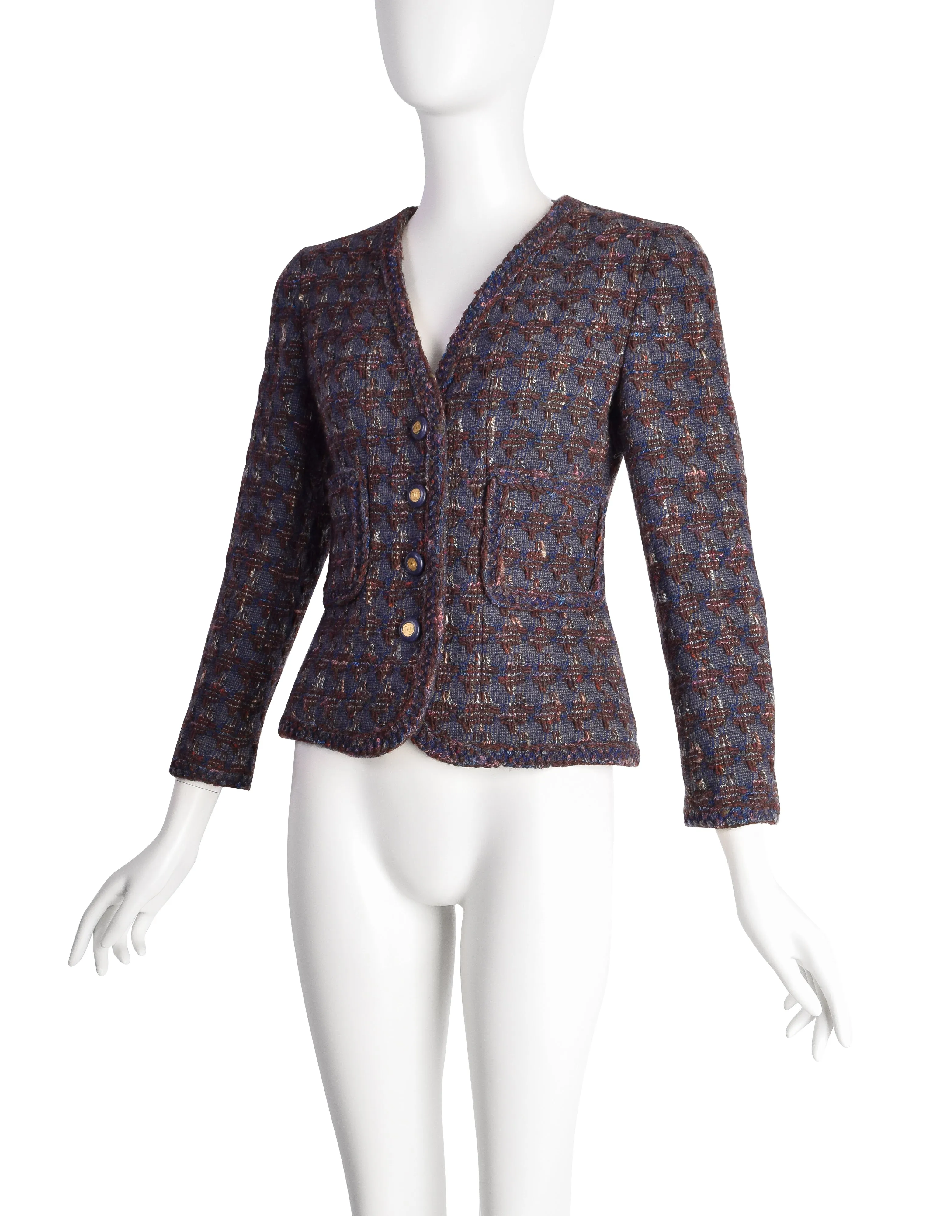 Chanel Vintage AW 1994 Blue Burgundy Houndstooth Tweed Jacket