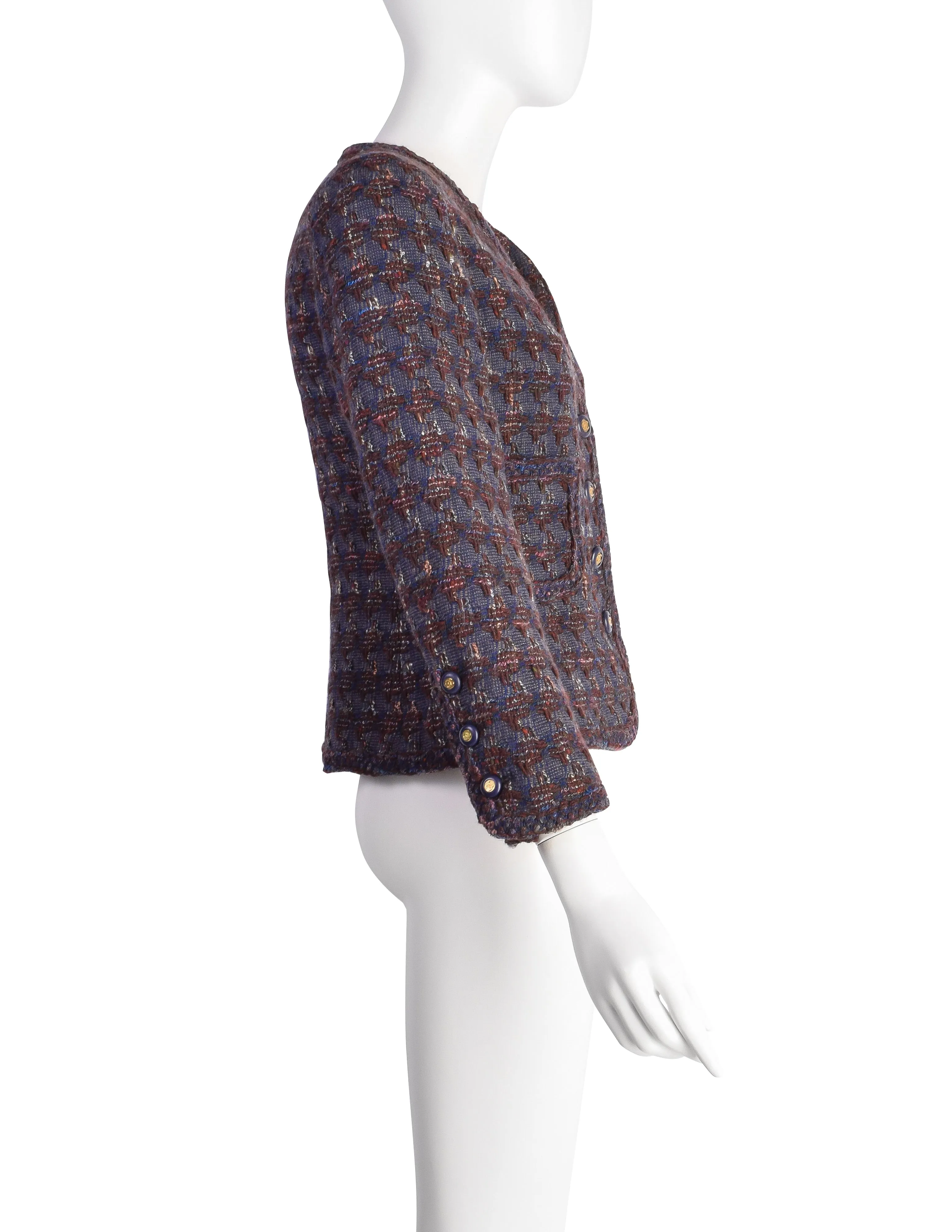 Chanel Vintage AW 1994 Blue Burgundy Houndstooth Tweed Jacket