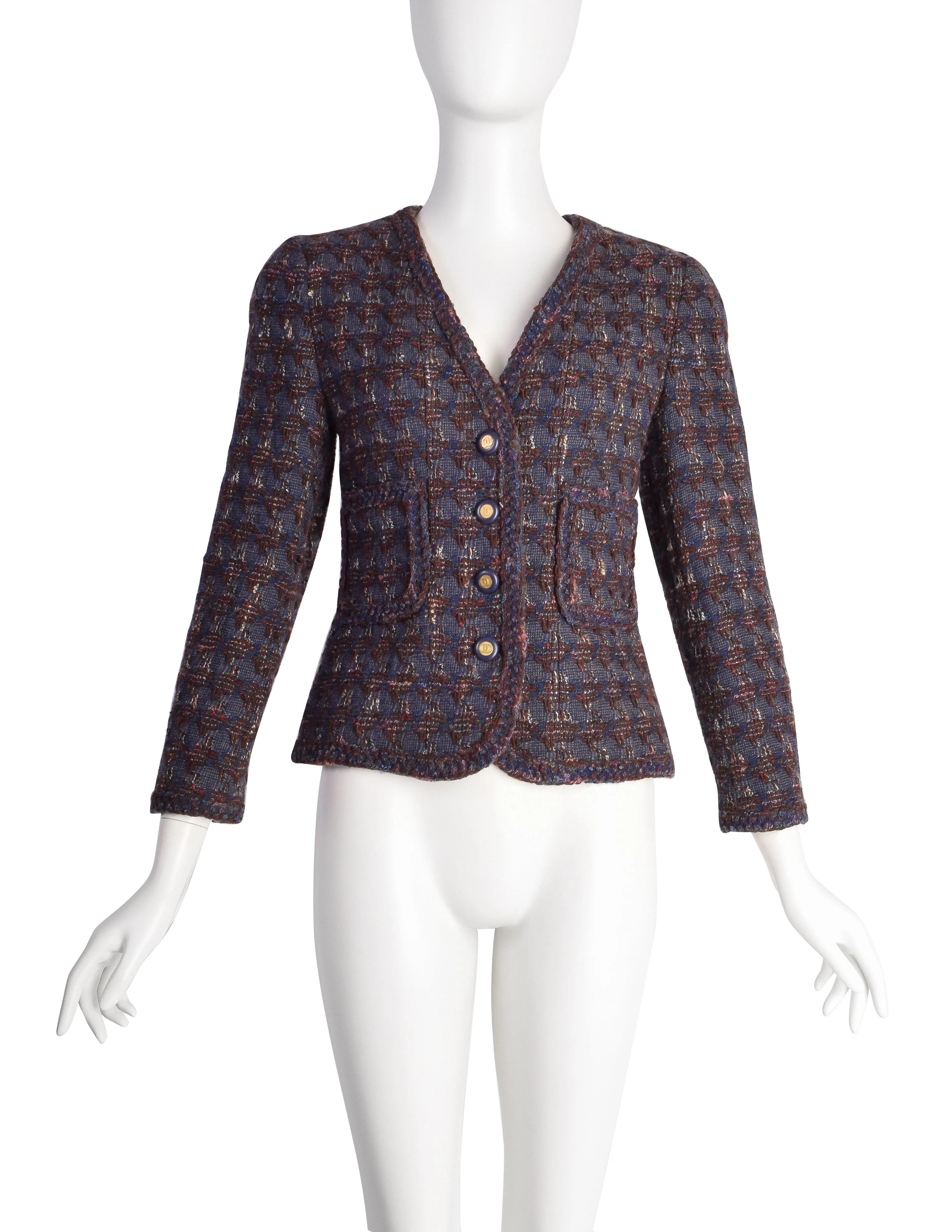 Chanel Vintage AW 1994 Blue Burgundy Houndstooth Tweed Jacket