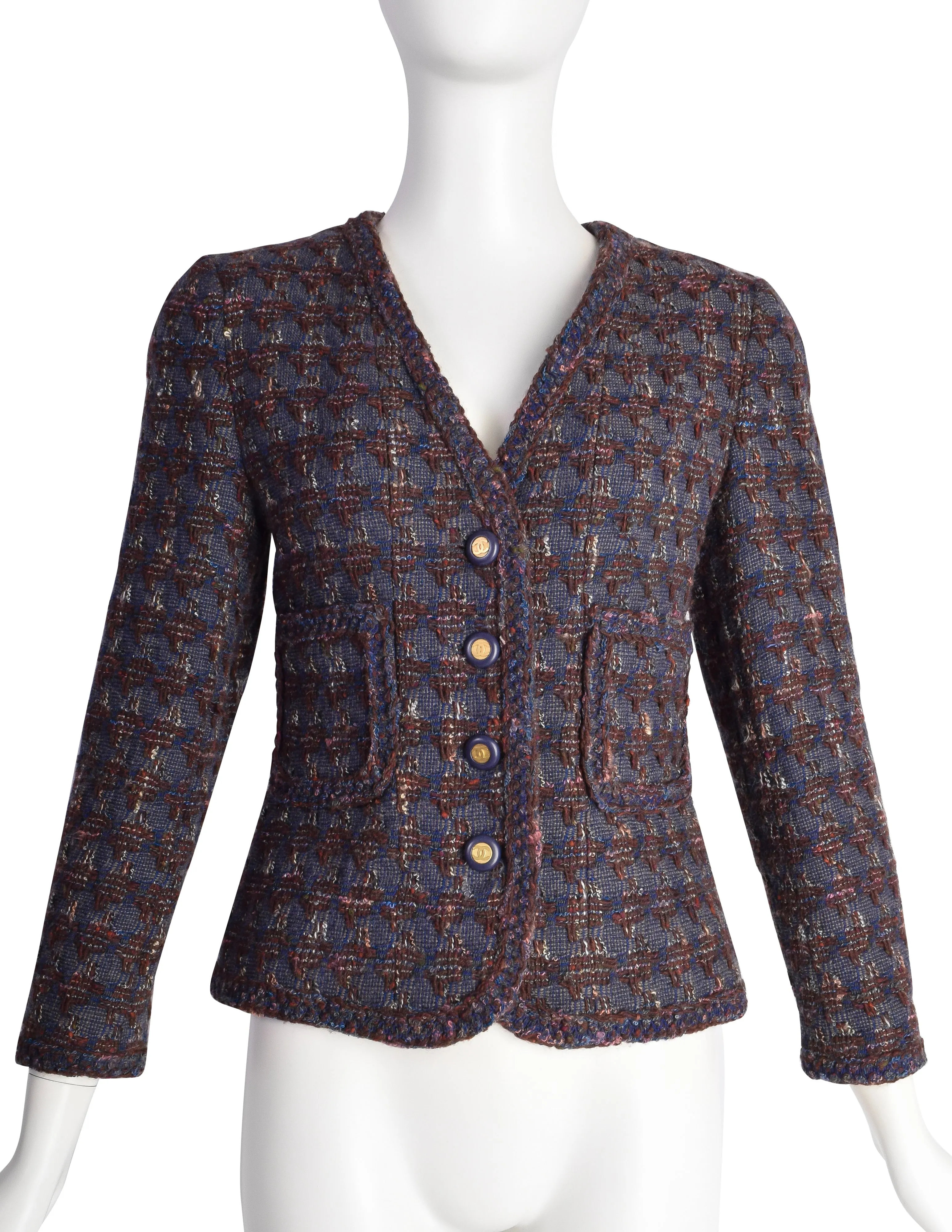 Chanel Vintage AW 1994 Blue Burgundy Houndstooth Tweed Jacket