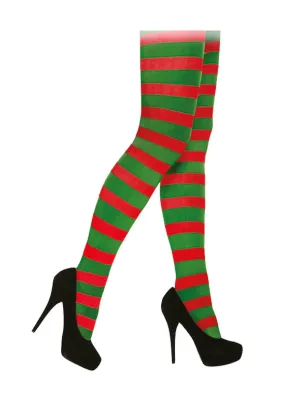 Christmas Elf Red Green Striped Tights Stripy Ladies Festive Novelty Fun