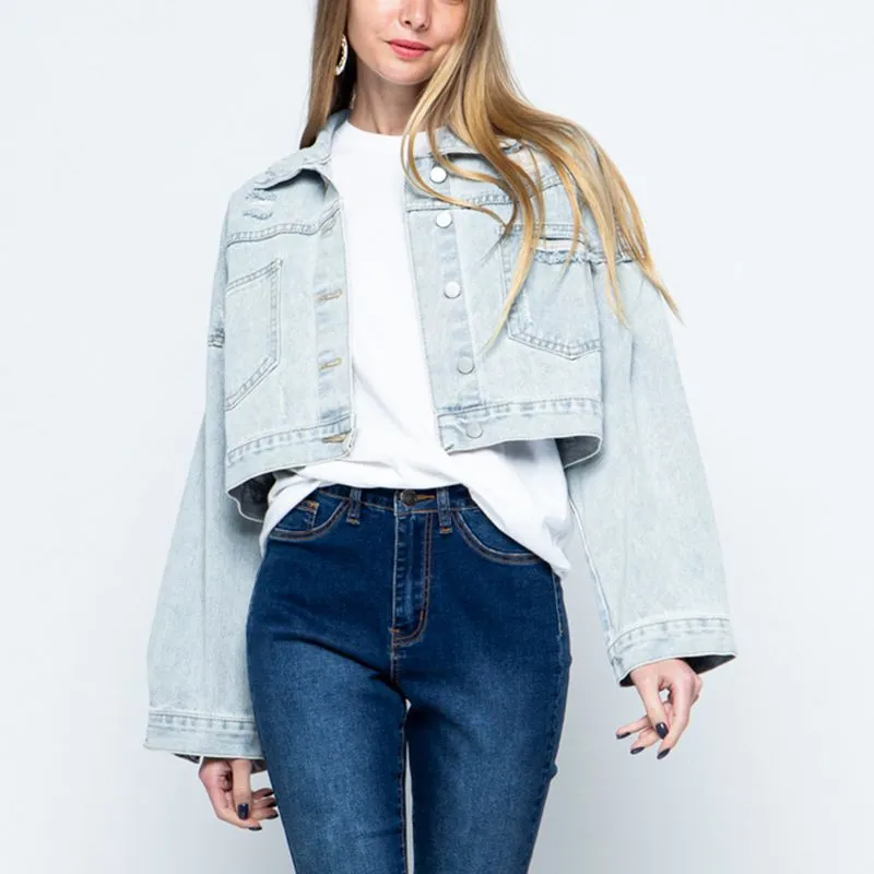 Cropped Collared Neck Dropped Shoulder Denim Jacket