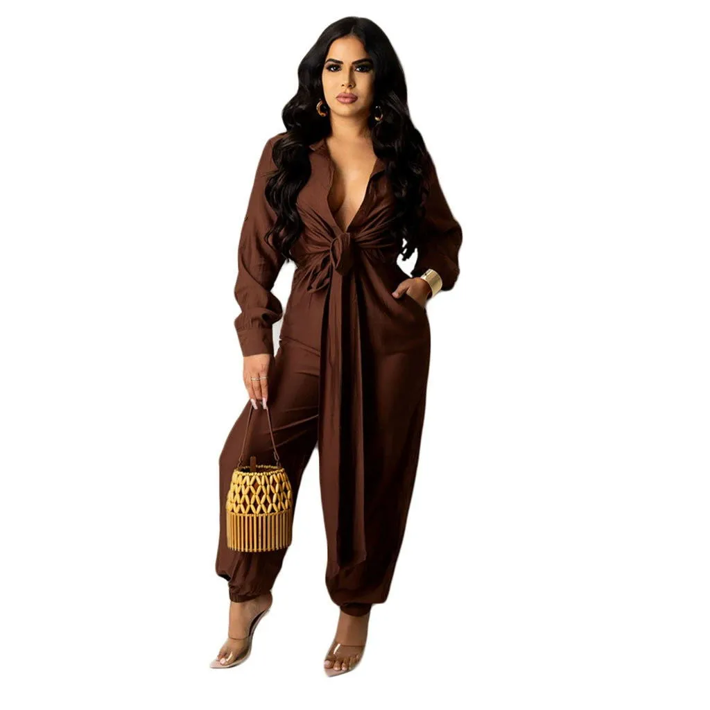 Deep V-Neck Long Sleeve Loose Fit Jumpsuits