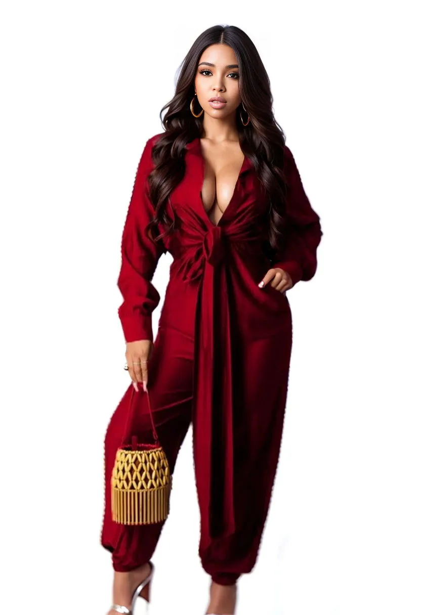 Deep V-Neck Long Sleeve Loose Fit Jumpsuits