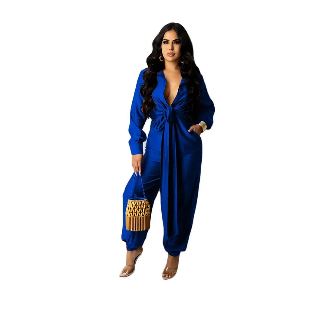 Deep V-Neck Long Sleeve Loose Fit Jumpsuits