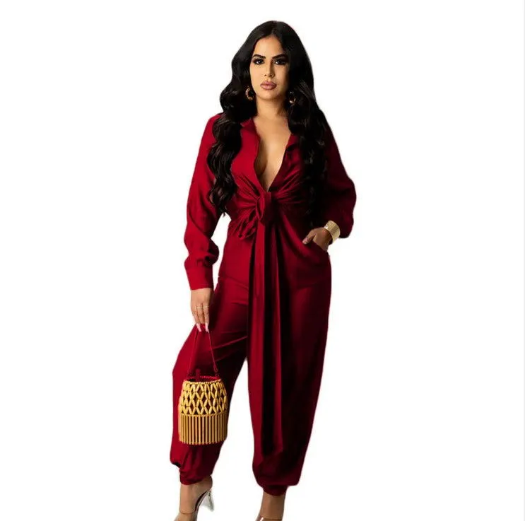 Deep V-Neck Long Sleeve Loose Fit Jumpsuits