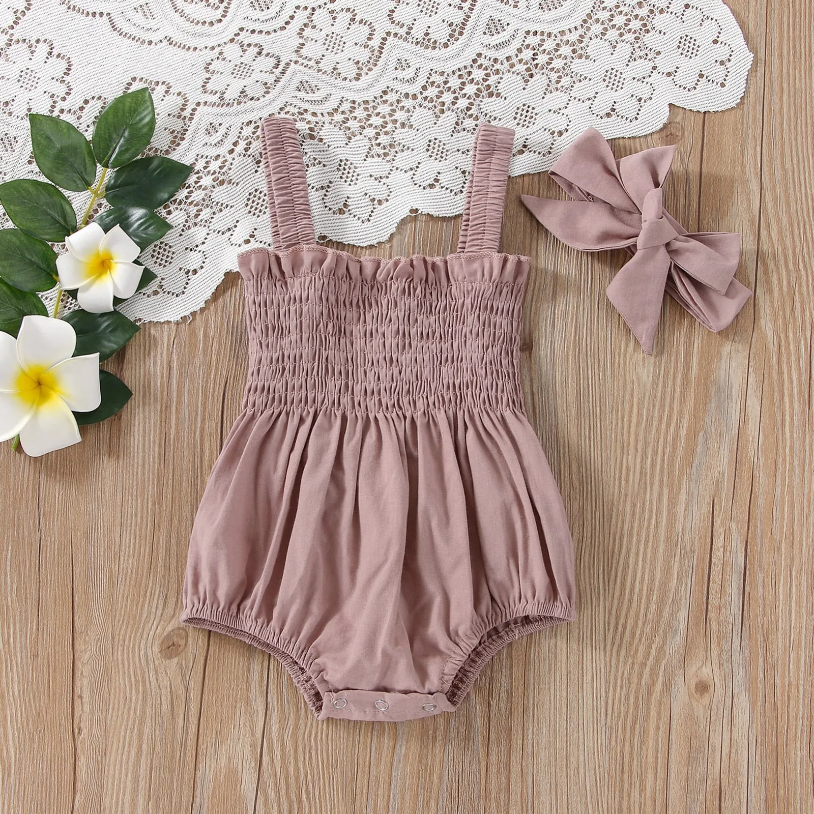 Earthtone Elegance: Infant Baby Girls Summer Elastic Jumpsuit With Bow Headband