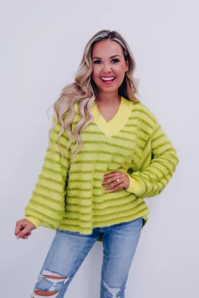 Fantasy Striped Furry V-Neck Sweater - Green