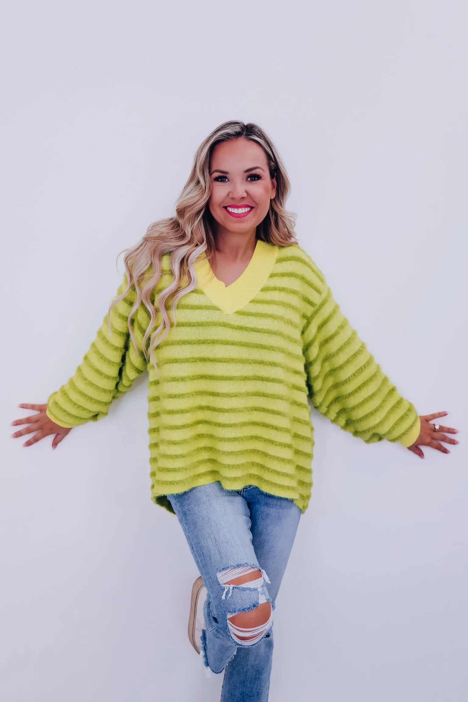 Fantasy Striped Furry V-Neck Sweater - Green