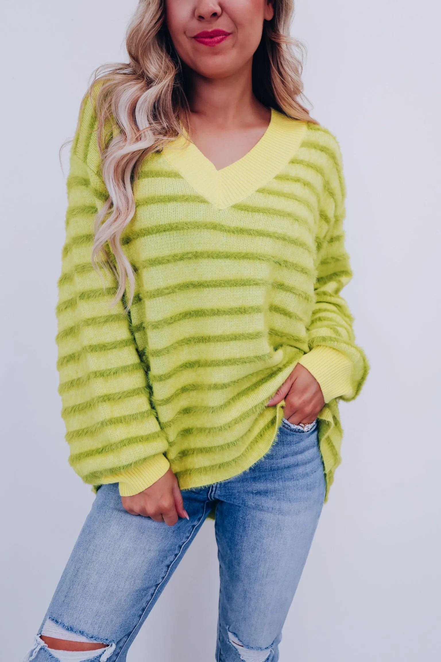 Fantasy Striped Furry V-Neck Sweater - Green