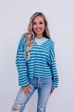 Fantasy Striped Furry V-Neck Sweater - Teal