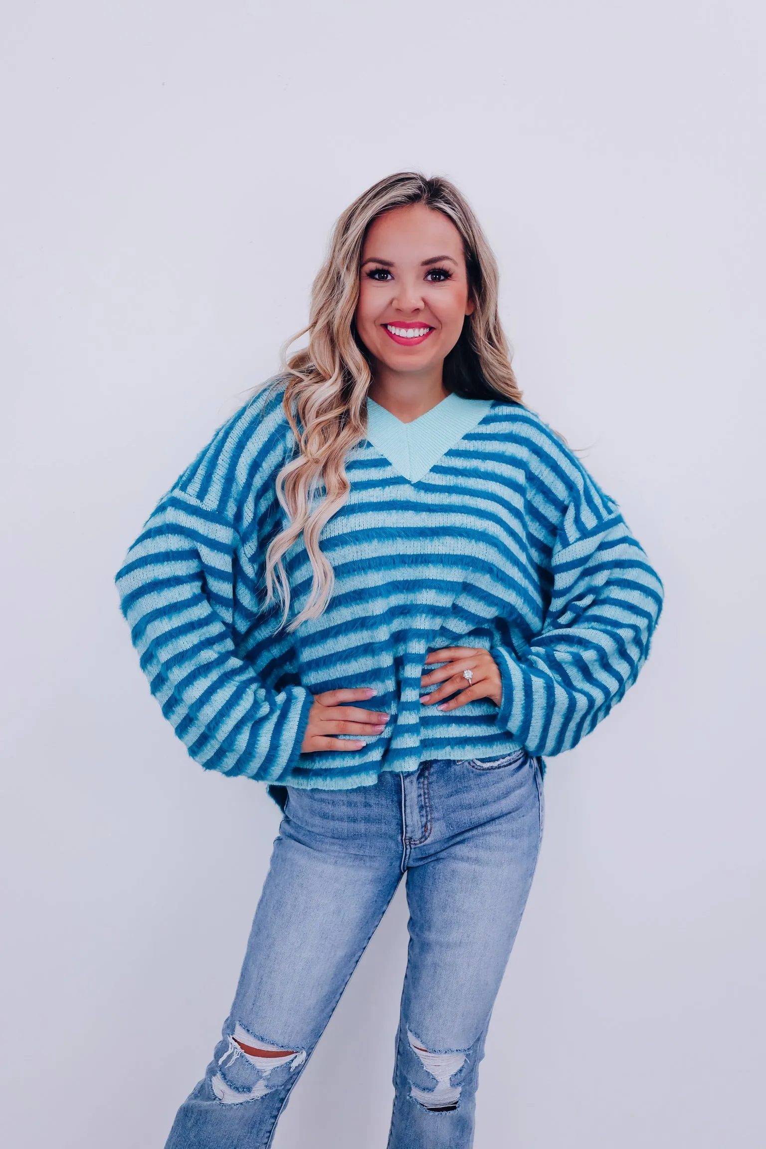 Fantasy Striped Furry V-Neck Sweater - Teal