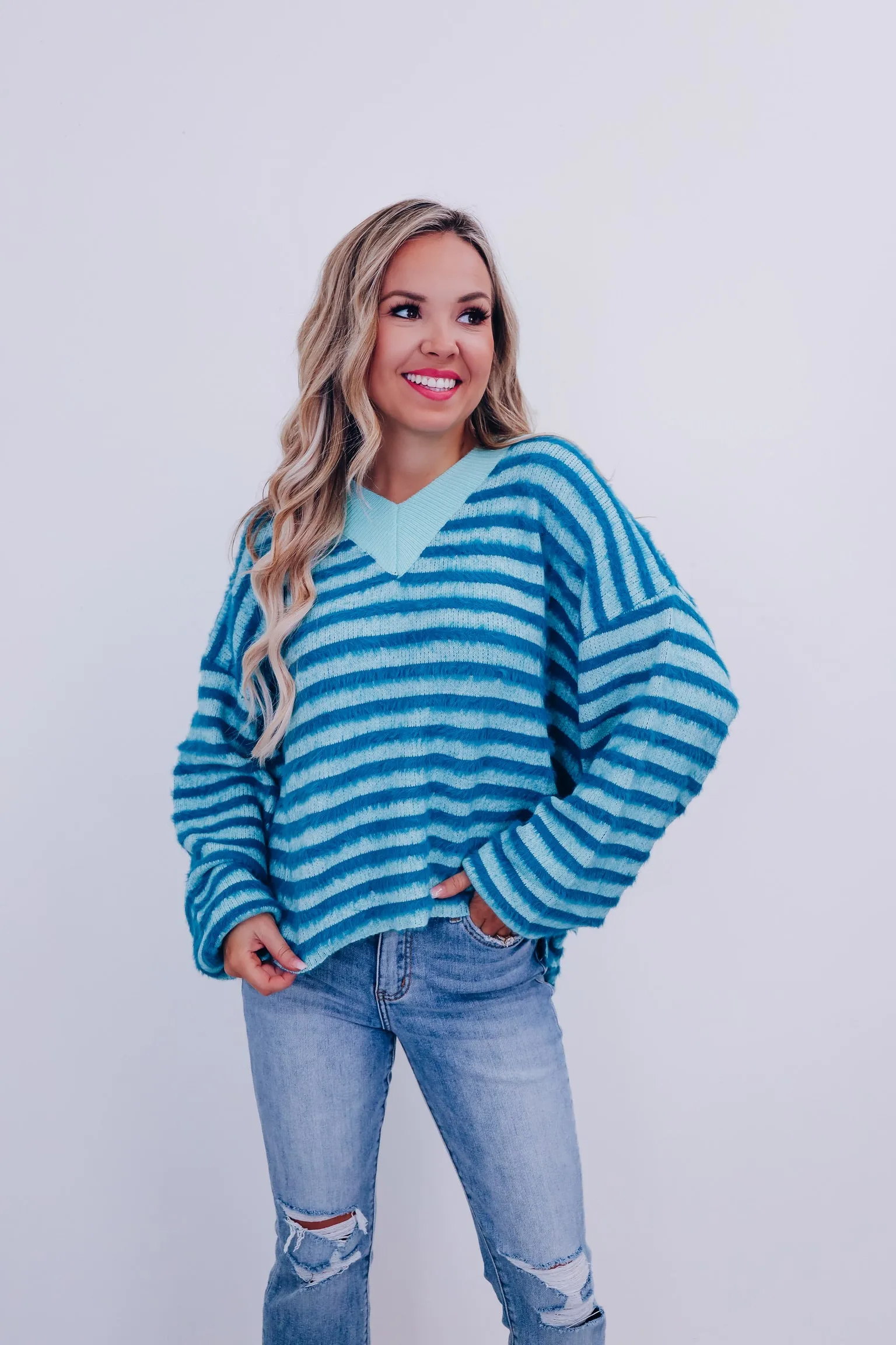 Fantasy Striped Furry V-Neck Sweater - Teal