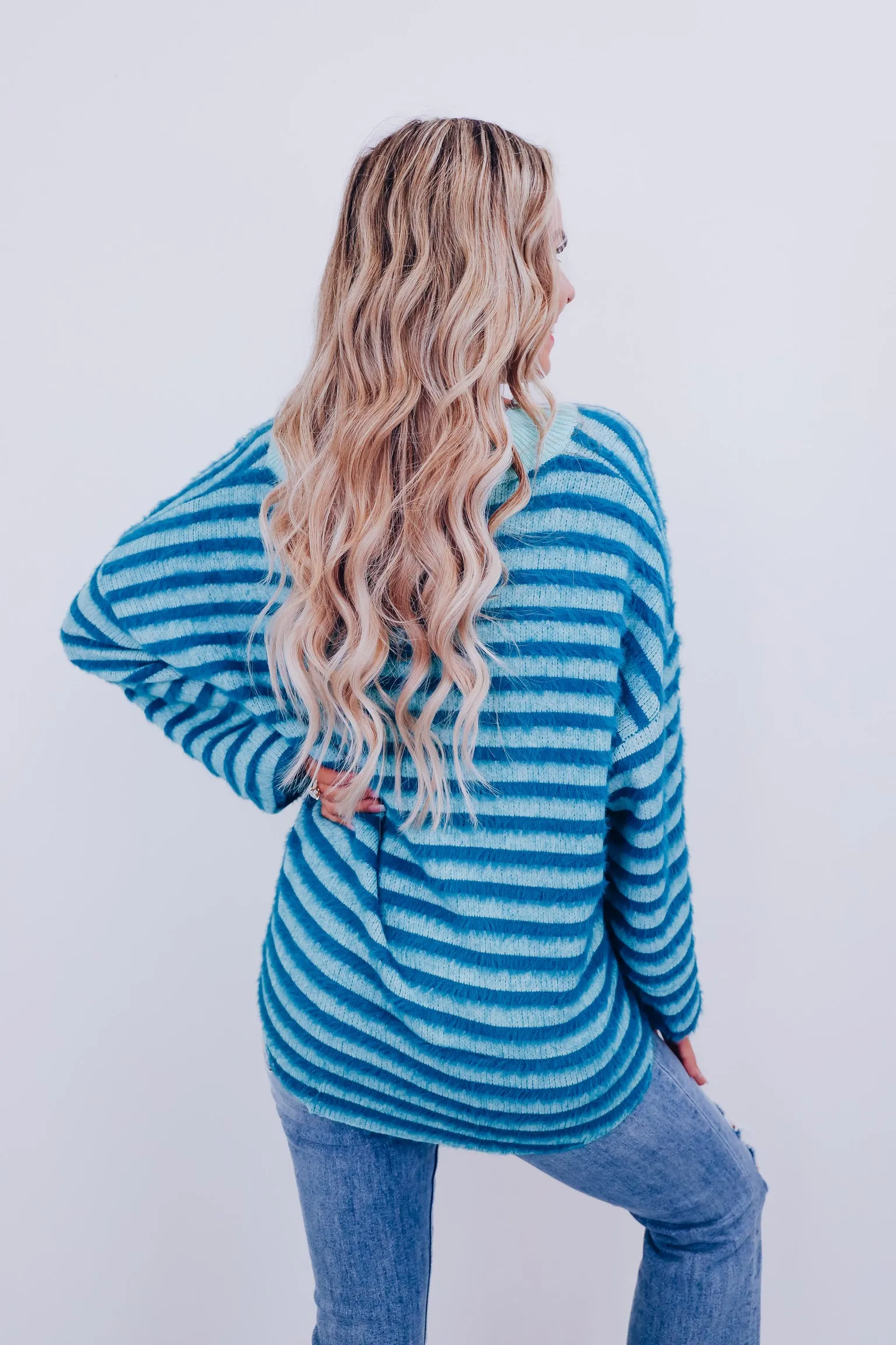 Fantasy Striped Furry V-Neck Sweater - Teal