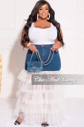 Final Sale Plus Size Denim Skirt with Tulle Layered Bottom in Off White