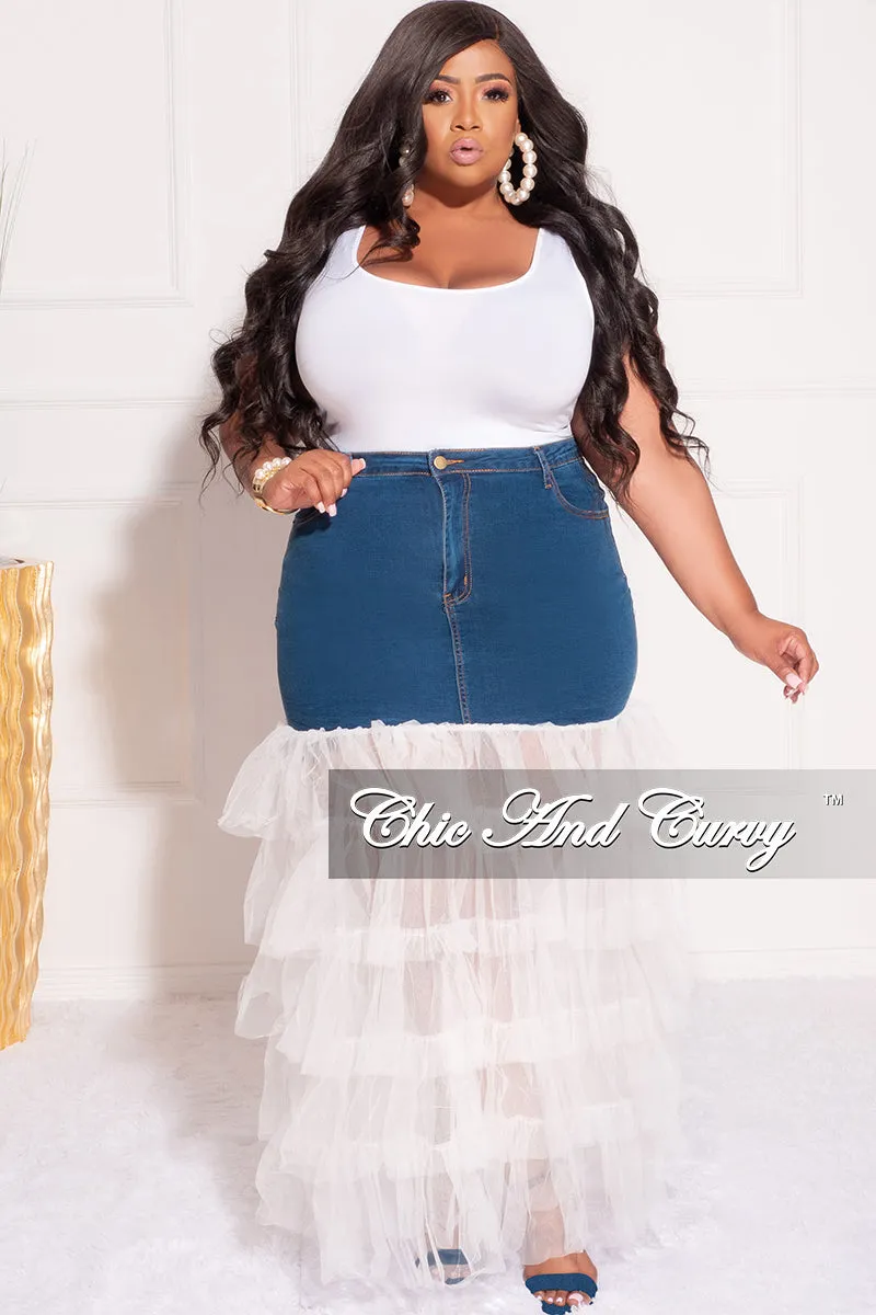 Final Sale Plus Size Denim Skirt with Tulle Layered Bottom in Off White